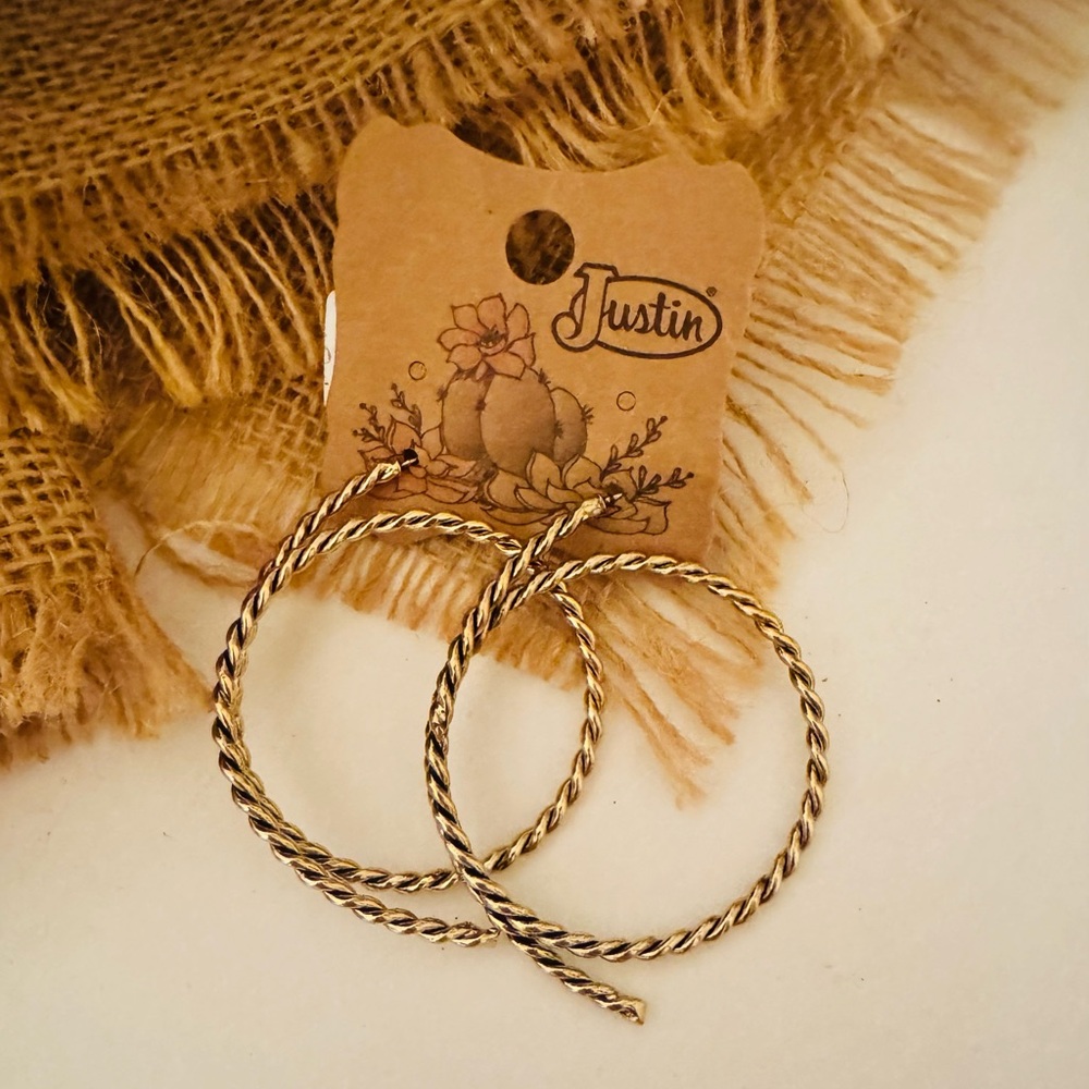 Justin Boots Gold Tone Twisted Rope Hoop Earrings Lasso Cowgirl NWT